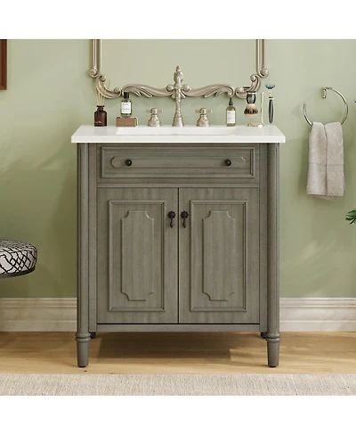 Sillysis 31 Inch Vintage Bathroom Vanity with Ceramic Sink, Soft Close Doors and Adjustable Storage for Small Spaces