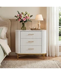 Tribesigns White Nightstand with 3 Drawers, 31.5" W Modern Bedside Table, Fluted Night Stand with Gold Legs