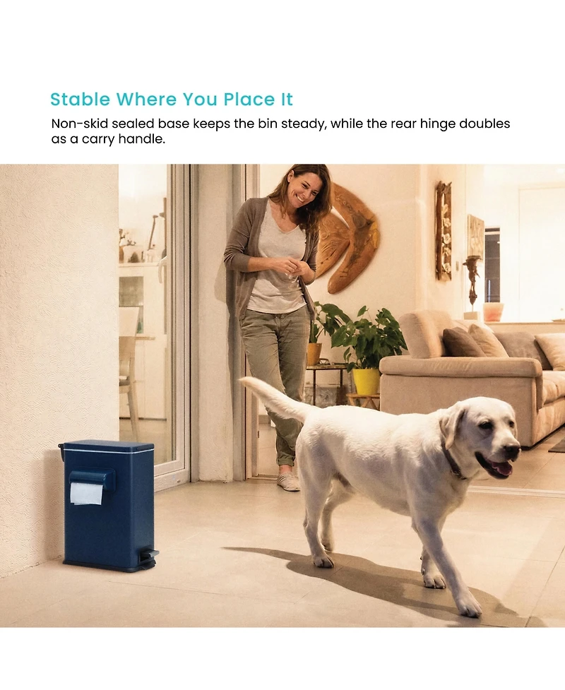 Home Zone Living 3 Gallon Slim Rectangular Dog Waste Trash Can with Bag Holder, Stainless Steel, Matte Navy with Trash Bags
