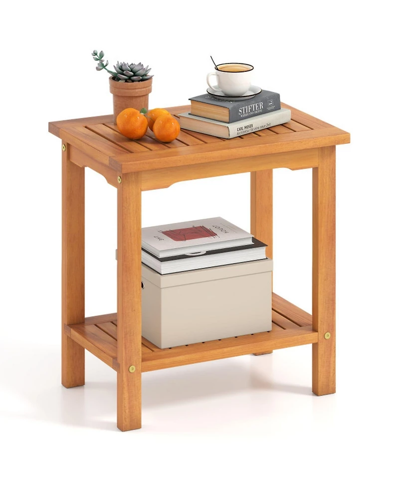 Gouun 2-Tier Outdoor Acacia Wood Side Table with Slatted Tabletop and Storage Shelf, 19.5 in