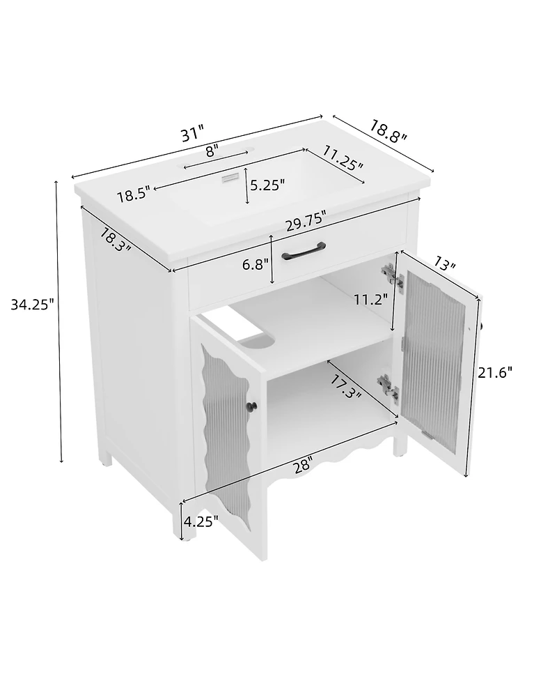 Busdays 30 Inch Bathroom Vanity with Tempered Glass Top Modern Cabinet Rubber Wood Legs Soft Close Doors White Freestanding Storage Vanity