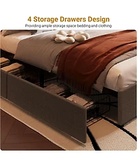 gaomon Platform Bed Frame with 4 Storage Drawers, Linen Fabric Upholstered Wooden Slats Support, No Box Spring Needed, Noise Free