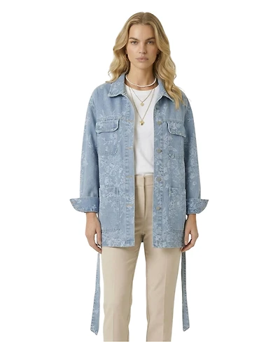 Modenaire Women's Floral Jacquard Belted Waist Jacket