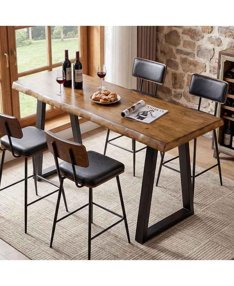 Tribesigns Solid Wood Bar Table, 63" Live Edge Counter Height Table with Metal Legs, Rustic Industrial Long Pub Table