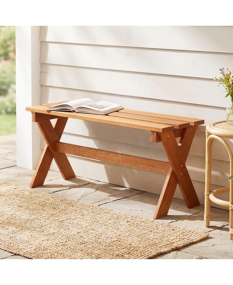 Gymax 36'' Outdoor Solid Wood Bench Teak Oil Finish and Slatted Seat for Porch