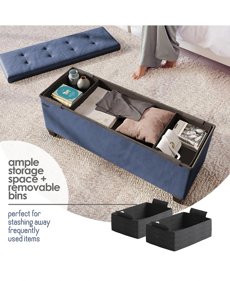 Nestl 43 Inch Leatherette or Fabric Finish Ottoman Storage Bench with Storage Bins