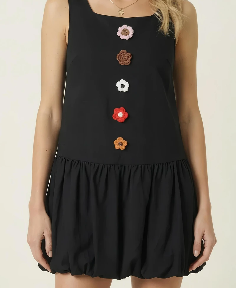 Modenaire Women's Sleeveless Floral Applique Bubble-Hem Dress