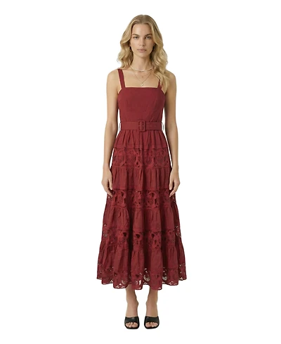 Modenaire Women's Belted Tiered Lace Midi Dress