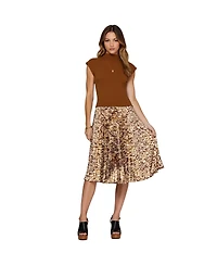 Modenaire Women's Animal Print Pleated High-Neck Midi Dress