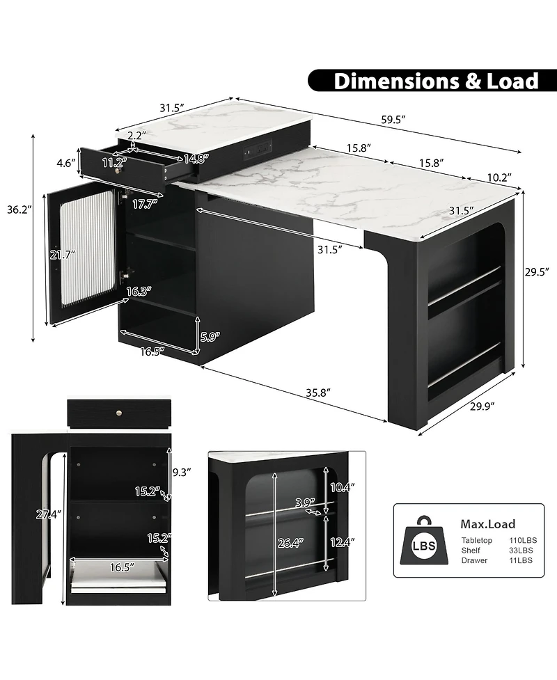 Clihome K&K 59.5" Kitchen Island with Extendable Dining Table, Storage Table Double-sided for Kitchen, Room