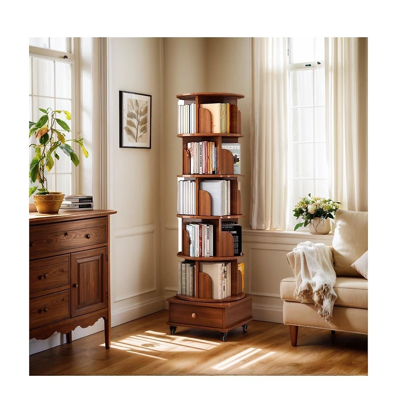 sumyeg 360 Degree Rotating Display Corner Bookshelf 6 Tier Bookcase Storage Rack with Wheels