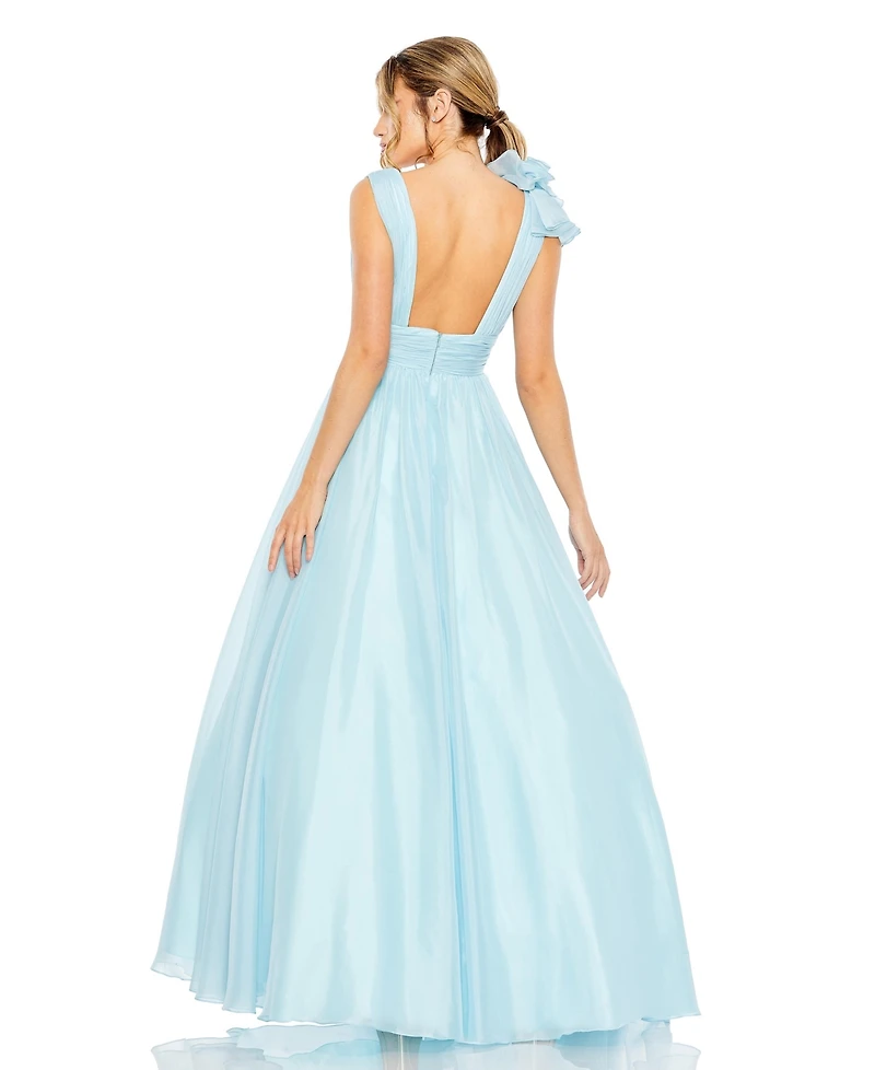 Women's One-Shoulder Ruffle Ball Gown with Plunging V-Neck