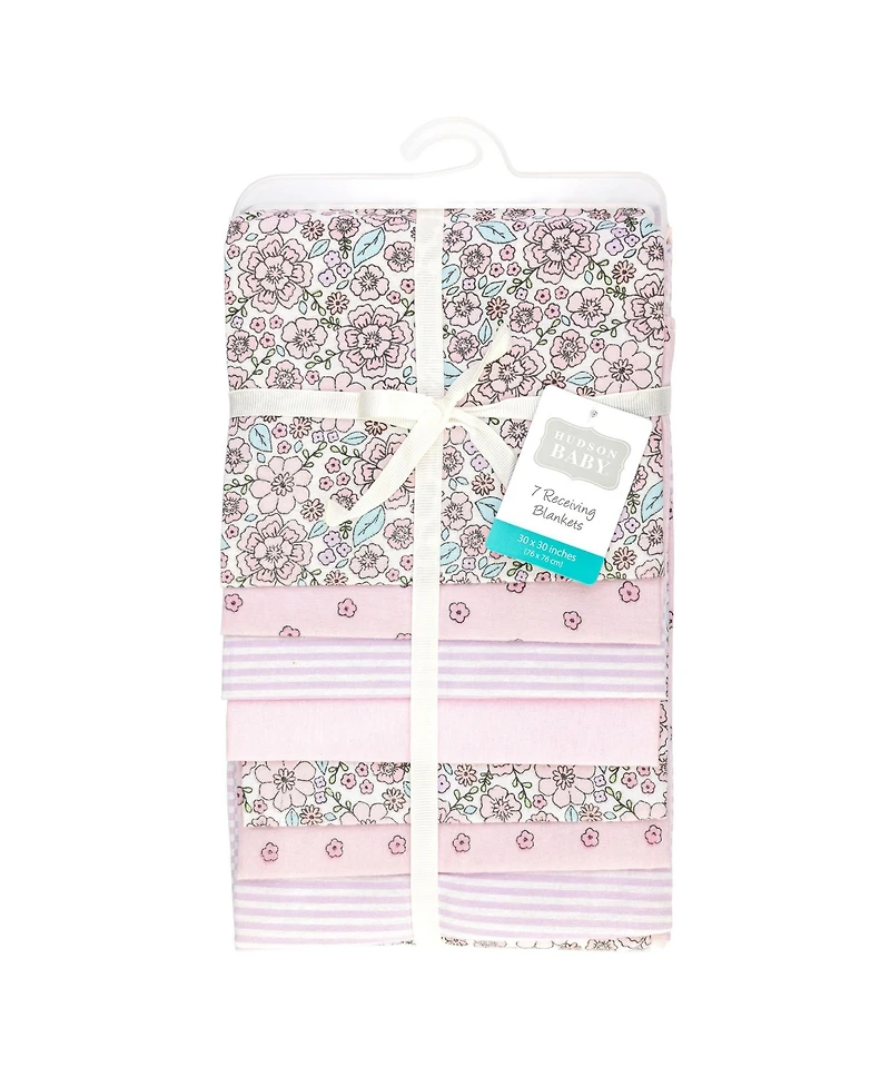 Hudson Baby Girl Cotton Poly Flannel Receiving Blankets Bundle, Outline Floral Soft Pink, One Size