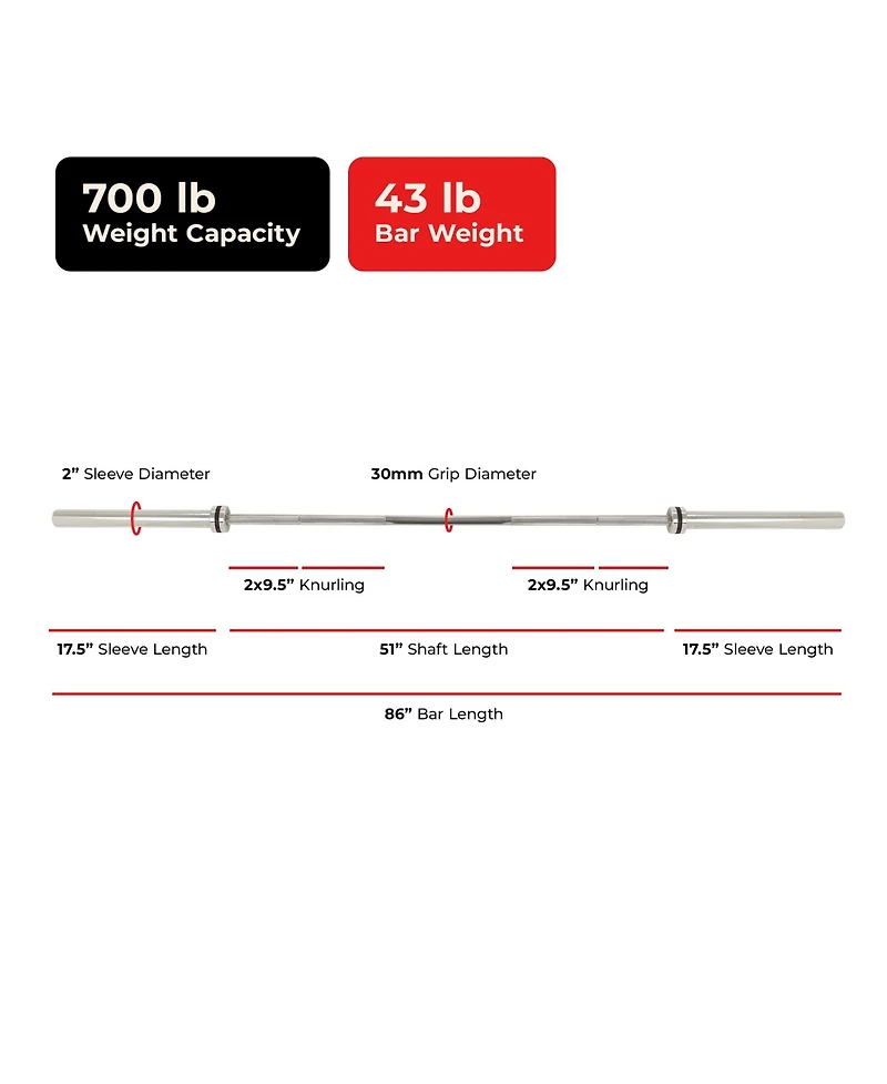 Sunny Health & Fitness 86” (7 ft) Olympic Barbell Bar with 30mm shaft diameter