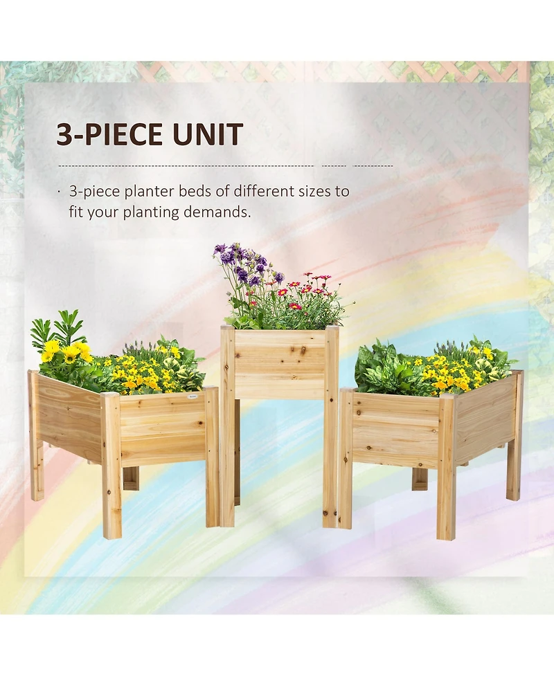 Raised Garden Bed, Set of 3 Wood Box & Trough Planters, Draining