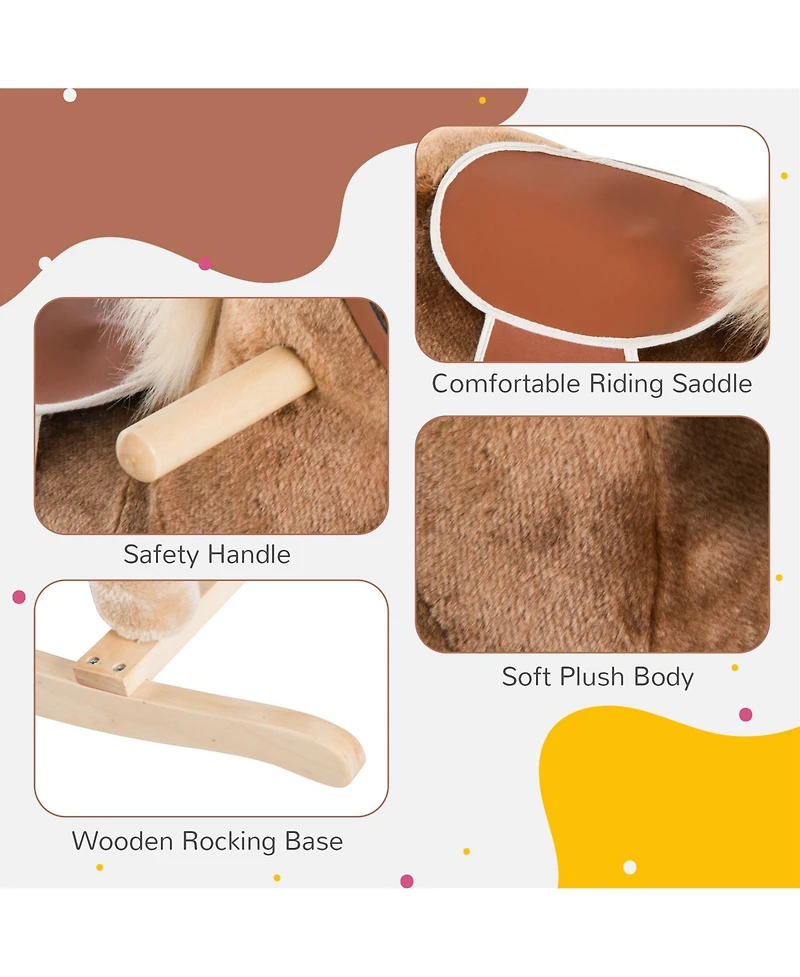 Qaba Kids Rocking Horse, Plush Toddler Rocker, Wooden Base Ride On Toy