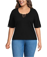 Lands' End Plus Elbow Sleeve Slub Lace Trim T-Shirt
