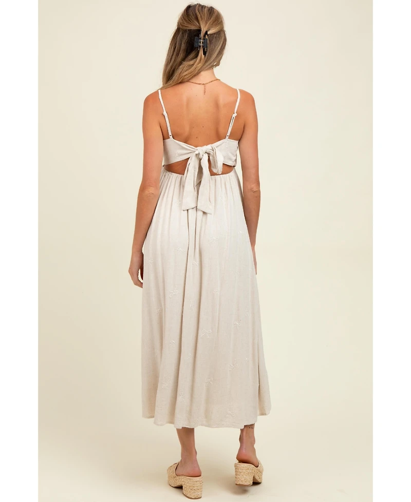 Pinkblush Maternity Beige Linen Ribbon Pattern Embroidered Midi Dress