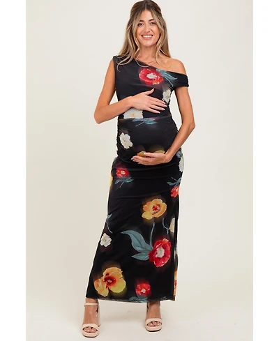 Pinkblush Maternity Black Mesh Floral One Shoulder Maxi Dress