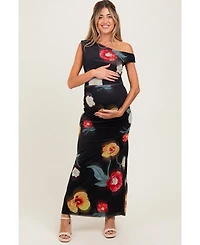 Pinkblush Maternity Black Mesh Floral One Shoulder Maxi Dress