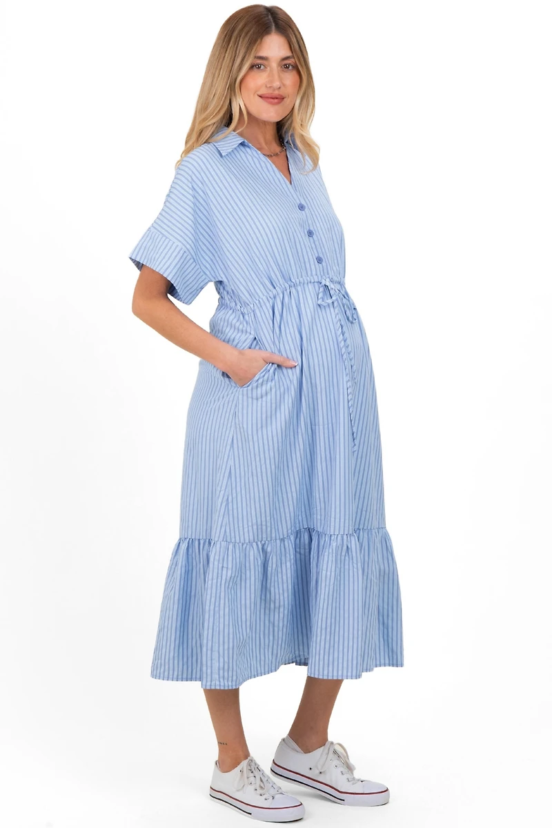 Pinkblush Maternity Light Blue Striped Button Collared Midi Dress