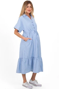 Pinkblush Maternity Light Blue Striped Button Collared Midi Dress