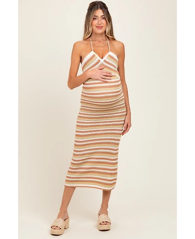 Pinkblush Maternity Light Olive Striped Halter Crochet Knit Midi Dress