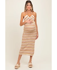 Pinkblush Maternity Light Olive Striped Halter Crochet Knit Midi Dress