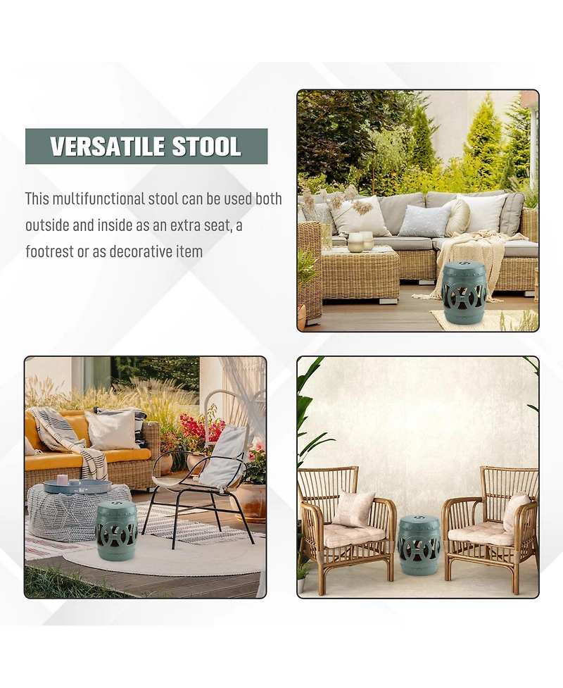 Outsunny 14" x 17" Ceramic Side Table Garden Stool with Knotted Ring Design & Glazed Strong Materials, Antique Blue