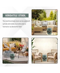 Outsunny 14" x 17" Ceramic Side Table Garden Stool with Knotted Ring Design & Glazed Strong Materials, Antique Blue
