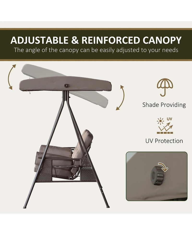 Outsunny Outdoor Patio 3-Person Steel Canopy Cushioned Seat Bench Swing with Included Side Trays & Padded Comfort, Brown
