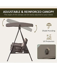 Outsunny Outdoor Patio 3-Person Steel Canopy Cushioned Seat Bench Swing with Included Side Trays & Padded Comfort, Brown
