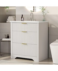 gaomon Fluted Farmhouse Freestanding Bathroom Vanity with Sink, 2 Drawers, Flip-Down Top, Space-Saving Storage