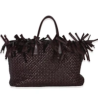 Pre-Owned Bottega Veneta Burgundy Nappa Intrecciato Fringe Oversized Cabat Tote