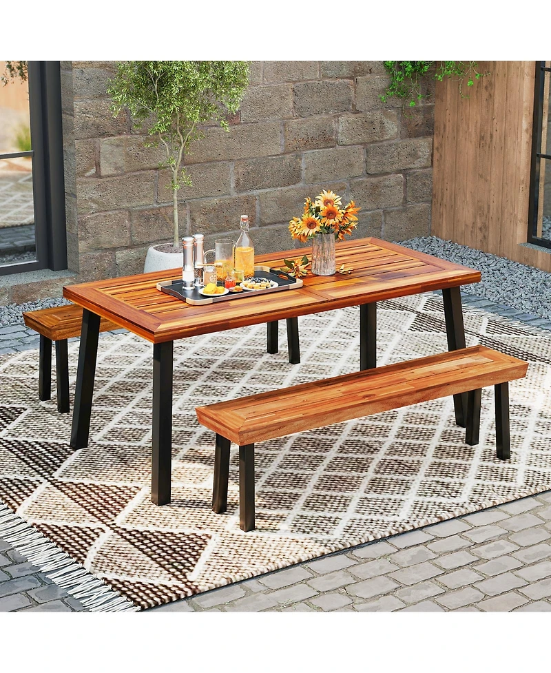 Gymax Outdoor Acacia Wood Benches Set of 2 with Slatted Top and Flared Metal Legs