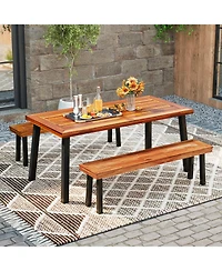 Gymax Outdoor Acacia Wood Benches Set of 2 with Slatted Top and Flared Metal Legs
