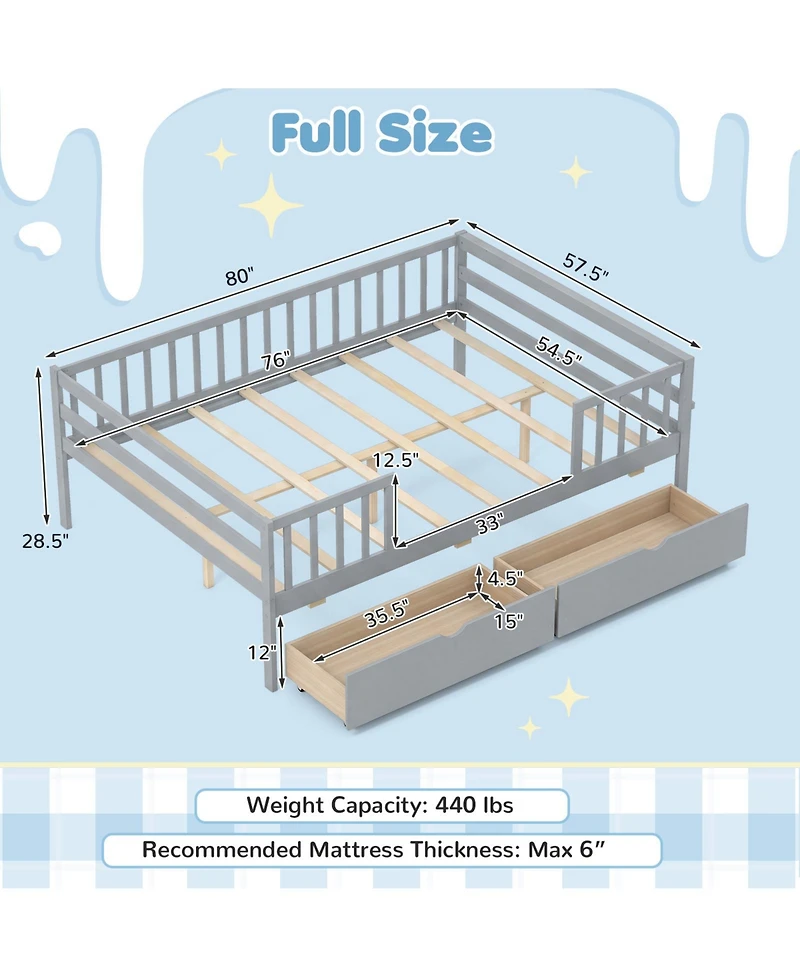Slickblue Kids Full Daybed with Guardrails and 2 Storage Drawers