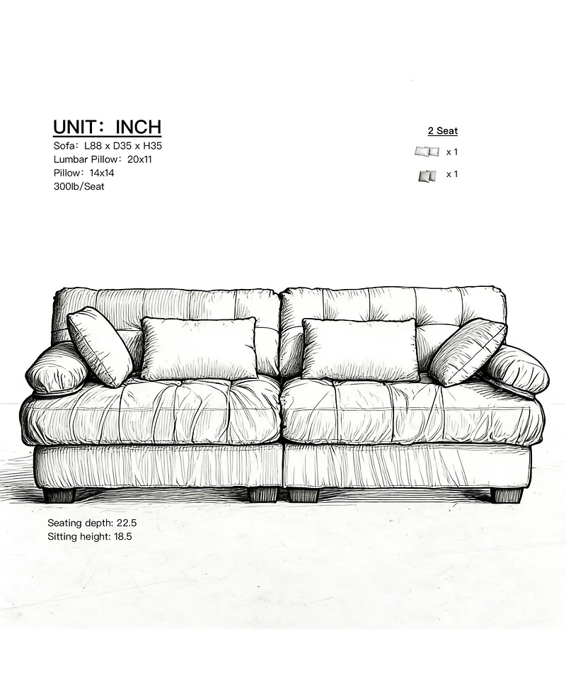 Rainsken 88" Cloud Loveseat Sofa, Modular Sectional Modern Oversized Sleeper Couch with Armrests and Pillows, Deep 2-Seat for Living Room