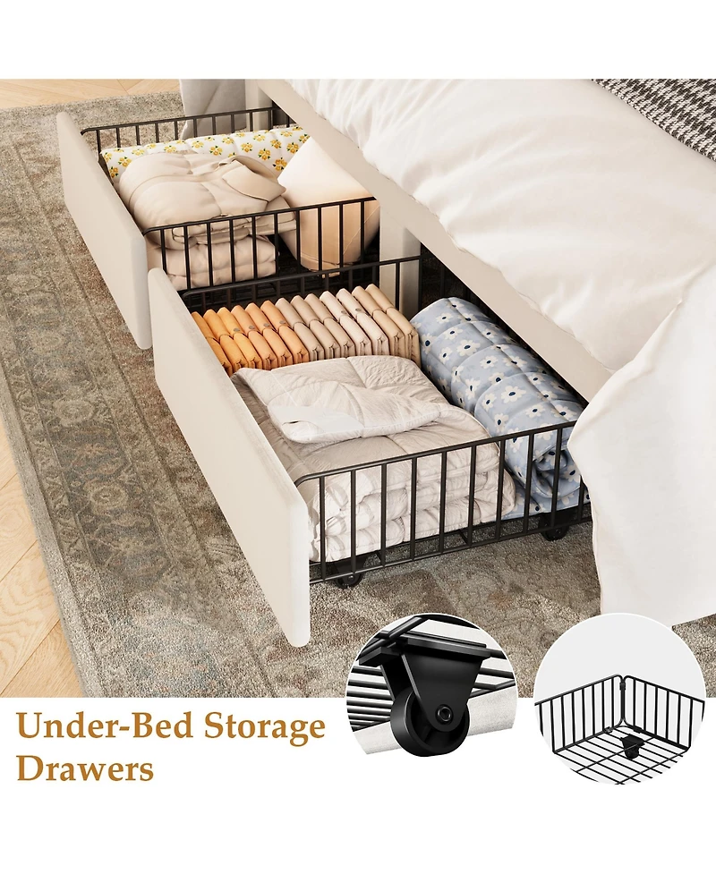 gaomon Velvet Wingback Platform Bed with 2 Storage Drawers Upholstered Bed Frame, Wooden Slats, No Box Spring Needed
