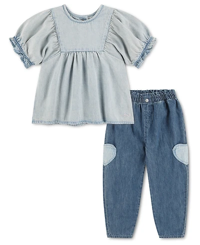 Levi's Girls' Toddler 2T-5T Yoke Short-Sleeve Top and Pants, 2-Piece Set