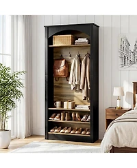 Tribesigns 74.8" Hall Tree with Shoe Storage, 3-Tier Narrow Shoe Rack with Coat Rack, Farmhouse Hall Tree with 4 Double Coat Hooks