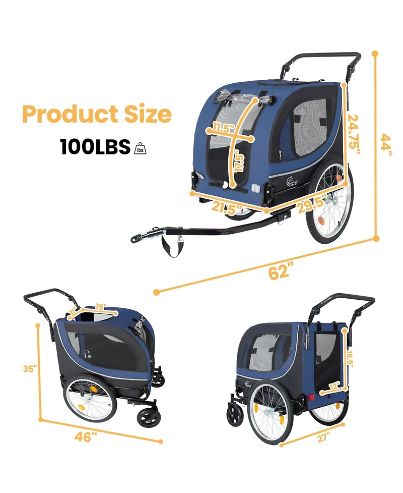 Aostirmotor 2-in-1 Bike Trailer and Pet Stroller for Dogs up to 100 lbs, Foldable Carrier Cart with Air-Filled Wheels