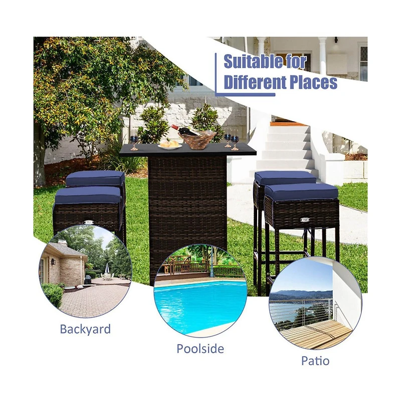Boyel Living 5 Pieces Patio Rattan Bar Table Stool Set Hidden Storage Shelf Cushioned
