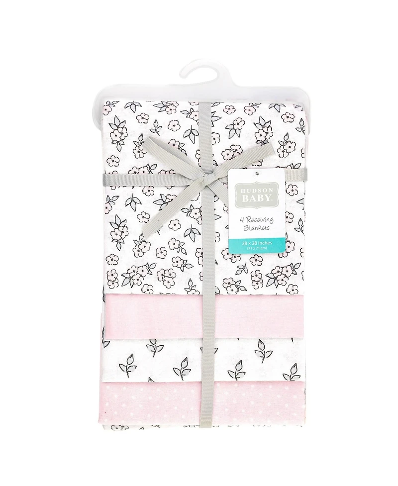 Hudson Baby Girl Cotton Poly Flannel Receiving Blankets 4-Pack, Pink Primrose, One Size