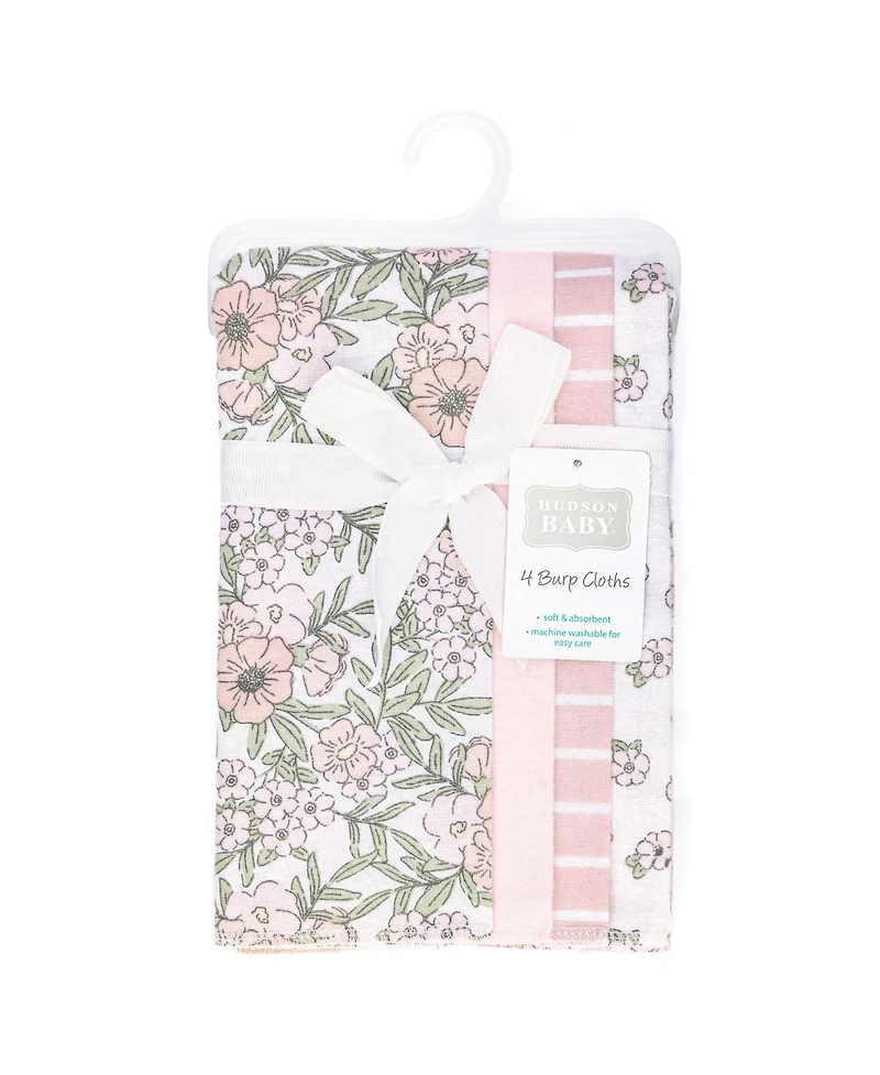 Hudson Baby Girl Cotton Poly Flannel Burp Cloths -Pack, Soft Pink Floral