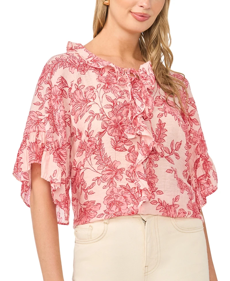 Vince Camuto Women's Printed Crewneck Ruffle Front Top