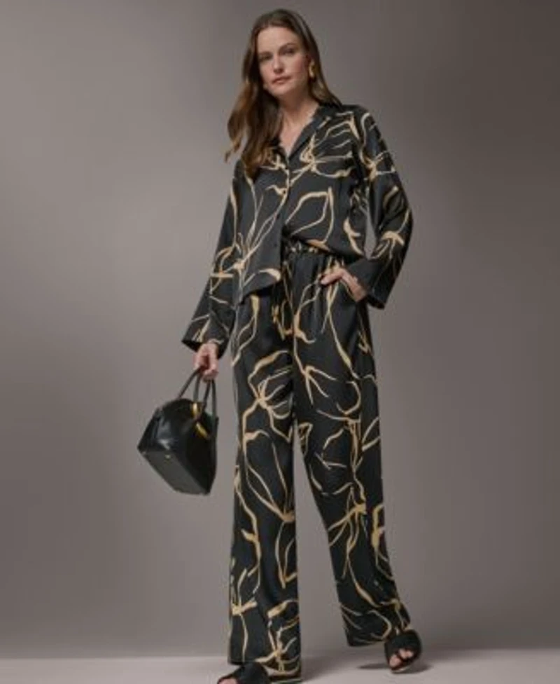 Donna Karan New York Petite Long Sleeve Collared Neck Top Printed Wide Leg Pants