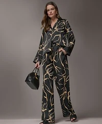 Donna Karan New York Petite Long Sleeve Collared Neck Top Printed Wide Leg Pants