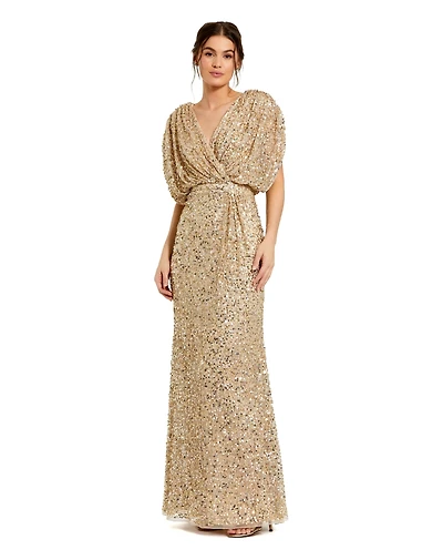 Mac Duggal Petite Sequin Draped Sleeve V-Neck Gown