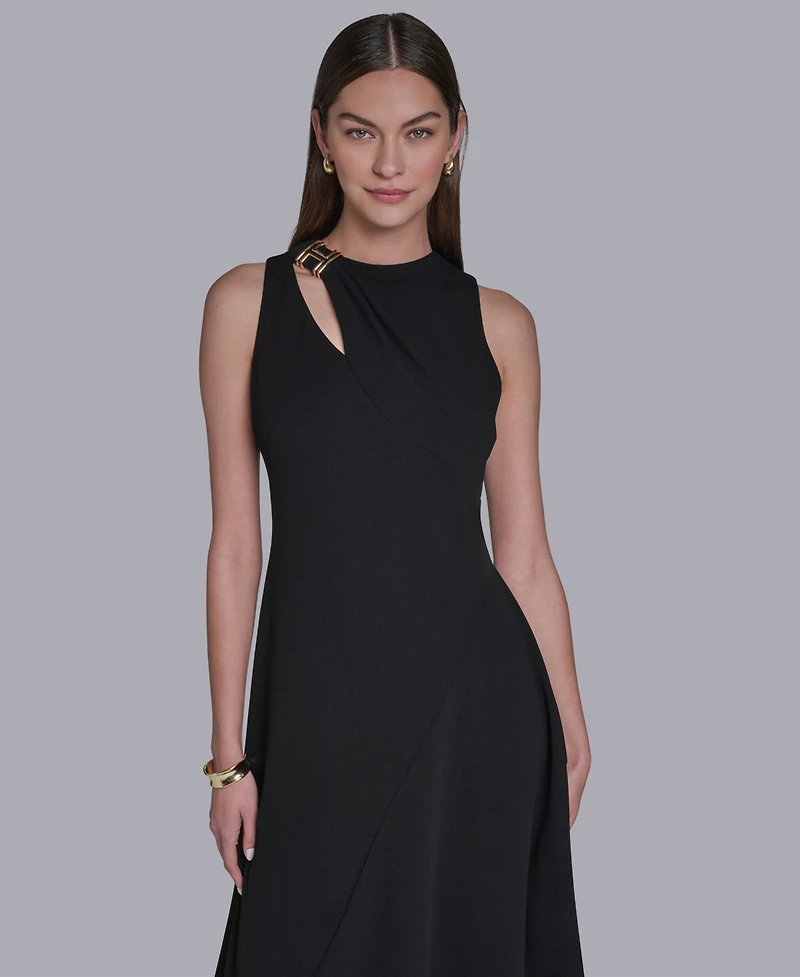 Halston Women's Keyhole Detail Sleeveless Asymmetrical Hem Midi Dress